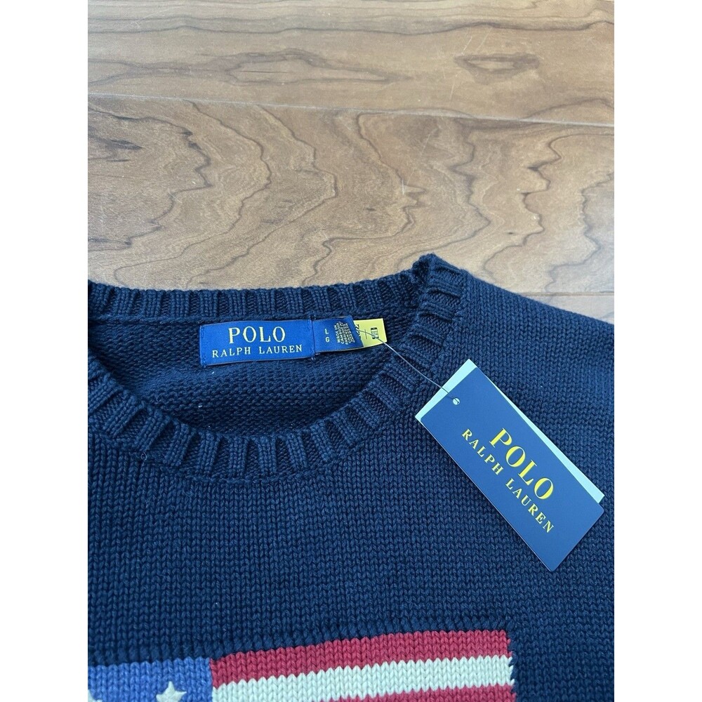 NWT Polo Ralph Lauren Navy Blue AMERICAN FLAG Knit CrewNeck Sweater Size Large - Picture 5 of 5